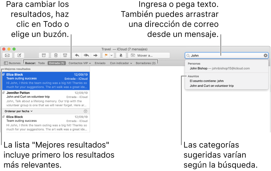 El buzón en que se busca aparece resaltado en la barra de búsqueda. Para buscar en otro buzón, haz clic en su nombre. Puedes escribir o pegar texto en el campo de búsqueda, o arrastrar una dirección de correo electrónico desde un mensaje. A medida que escribes, aparecen sugerencias bajo el campo de búsqueda. Están organizadas en categorías, como Asunto o Archivos adjuntos, dependiendo del texto de búsqueda. "Mejores resultados" muestra primero los resultados más relevantes.