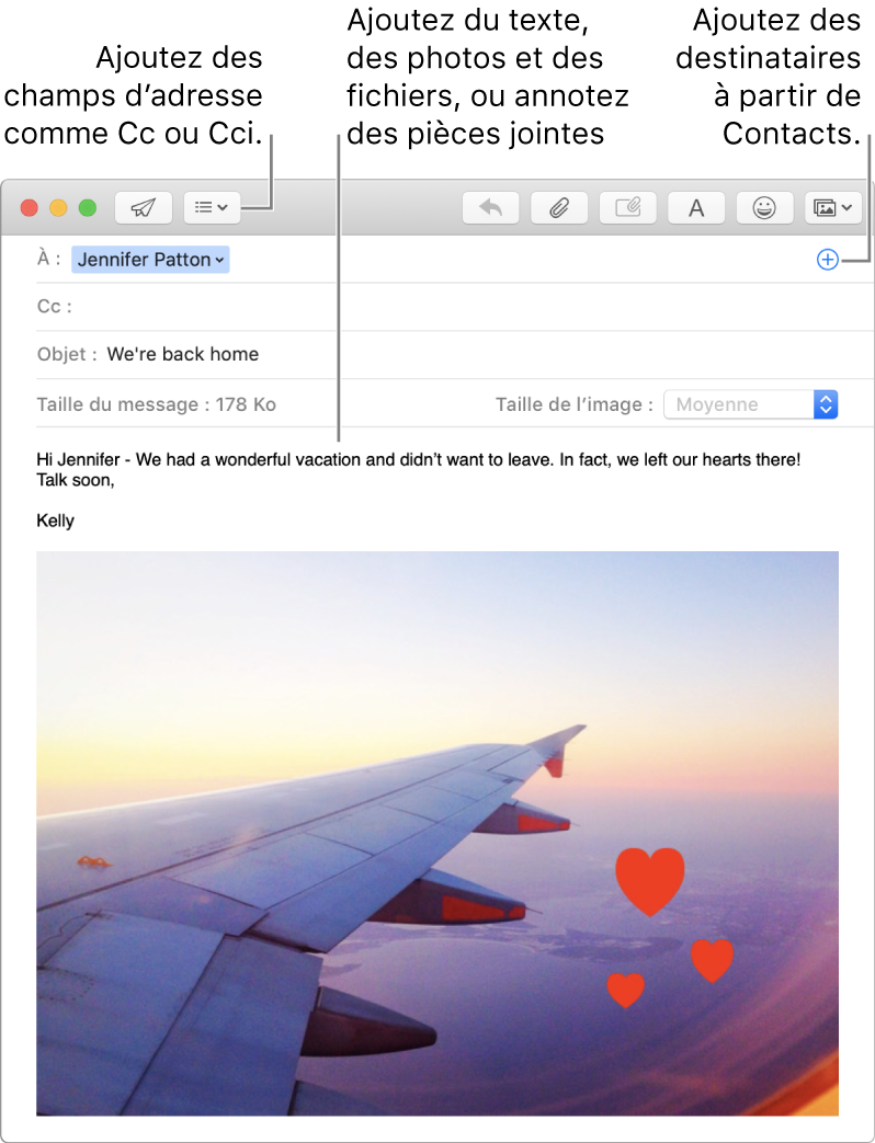 Fenêtre de nouveau message indiquant le bouton Champs d’en-tête, le bouton Ajouter dans un champ d’adresse (pour ajouter des personnes à partir de Contacts) et une image annotée dans le corps du message.