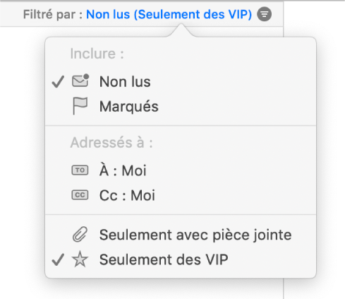 Le menu local filtre affichant les six filtres possibles : Non lus, Marqués, À : Moi, Cc : Moi, Uniquement avec pièces jointes et Uniquement de VIP.