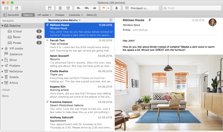 Rubni stupac u prozoru aplikacije Mail koji prikazuje dolazne pretince za iCloud, školske i poslovne račune.
