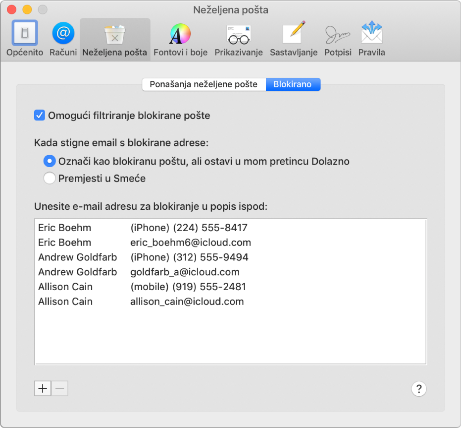 Okno postavki za opciju Blokirano s prikazom popisa blokiranih pošiljatelja. Označena je potvrdna kućica za omogućivanje filtriranja blokirane pošte, kao i opcija za označavanje blokirane pošta, ali koja po primitku ostaje u dolaznoj pošti.