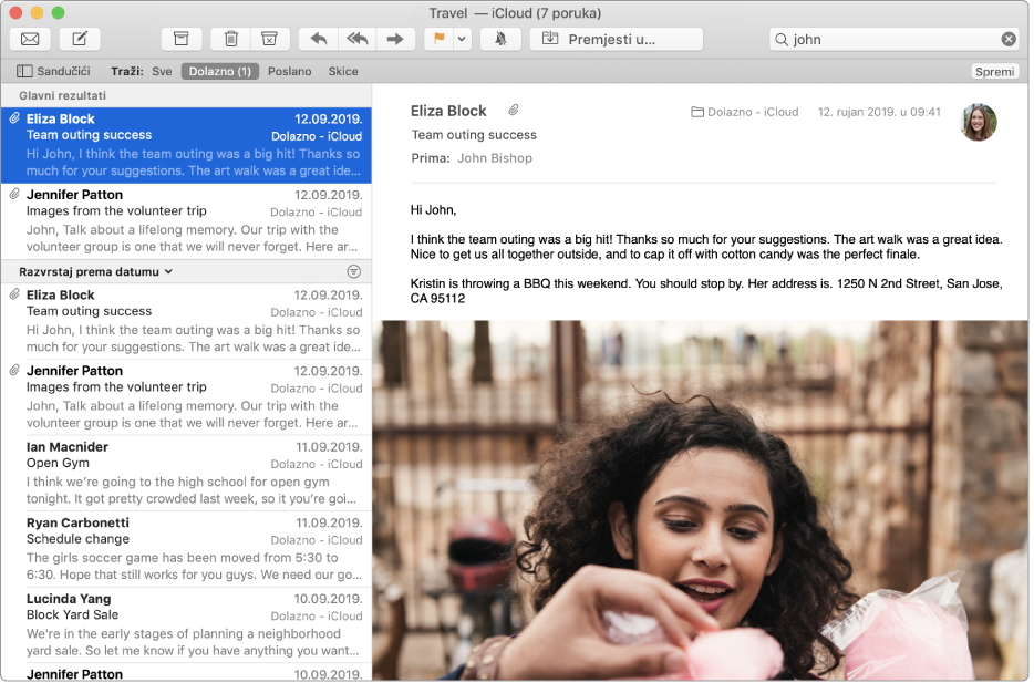 Prozor aplikacije Mail s “johnom” u polju za pretraživanje i Glavnim rezultatima na vrhu rezultata pretraživanja u popisu poruka.