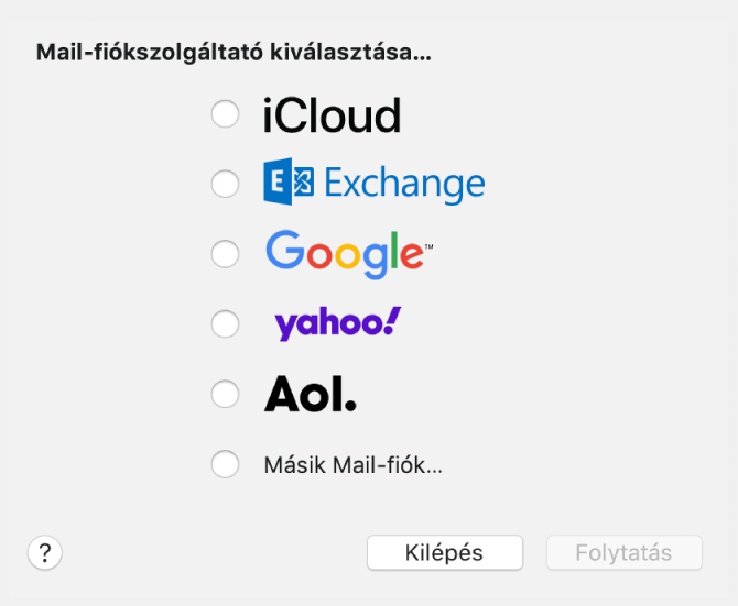 A fiók kiválasztására szolgáló párbeszédpanel, melyben az iCloud, Exchange, Google, Yahoo, AOL, és Másik e-mail-fiók lehetőségek láthatók.