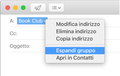 E-mail che include un gruppo nel campo A e il menu a comparsa che mostra il comando “Espandi gruppo”.