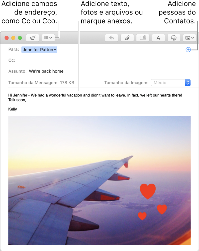 Uma nova janela de mensagem indicando o botão Campos do Cabeçalho, o botão Adicionar em um campo de endereço para adicionar pessoas de Contatos e uma imagem marcada no corpo da mensagem.