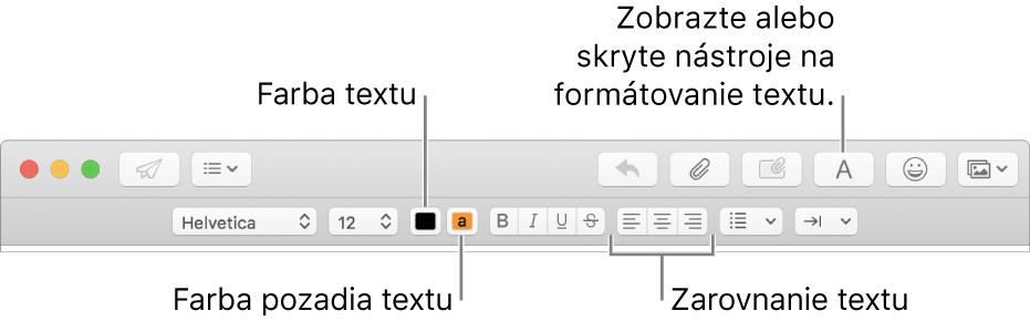 Panel s nástrojmi a panel formátovania v okne novej správy označujúci farbu textu, farbu pozadia textu a tlačidlá zarovnania textu.