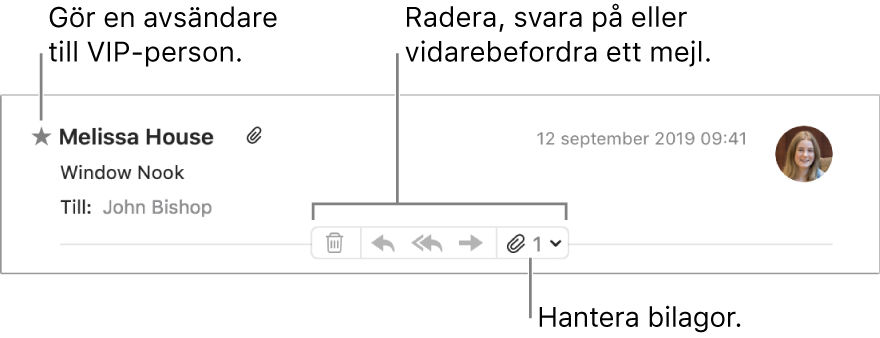 Ett brevhuvud med en stjärna bredvid avsändarnamnet, för att göra avsändaren till en VIP, och knappar för att radera, svara på och vidarebefordra mejlet samt för att hantera bilagor.