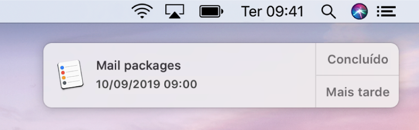 Notificação de lembrete com os botões Concluído e Mais Tarde.