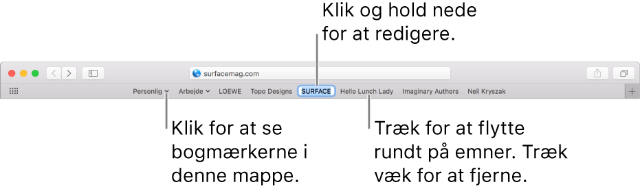 Favoritlinjen med en bogmærkemappe. Du redigerer et bogmærke eller en mappe på linjen ved at klikke på emnet og holde det nede. Du ændrer rækkefølge på emnerne på linjen ved at trække dem. Du fjerner et emne ved at trække det væk fra linjen.