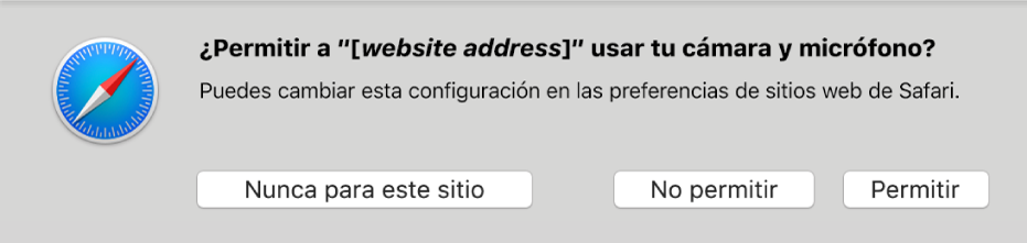 Cuadro de diálogo mostrando las opciones para compartir la cámara y el micrófono de tu Mac con un sitio web.