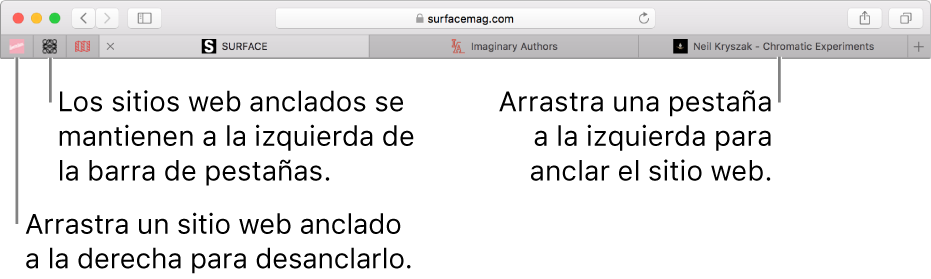 Sitios anclados en la barra de pestañas de Safari.