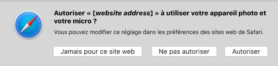 Une zone de dialogue affichant les options pour autoriser un site web à utiliser la caméra et le microphone de votre Mac.