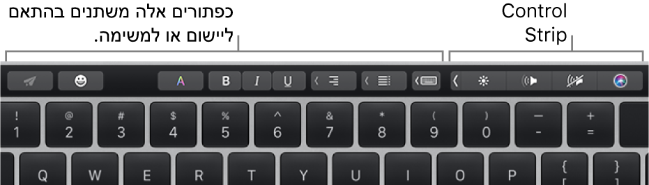 ה‑Touch Bar עם כפתורים משמאל המשתנים לפי היישום או המשימה, ו‑Control Strip בפריסה מכווצת מימין.