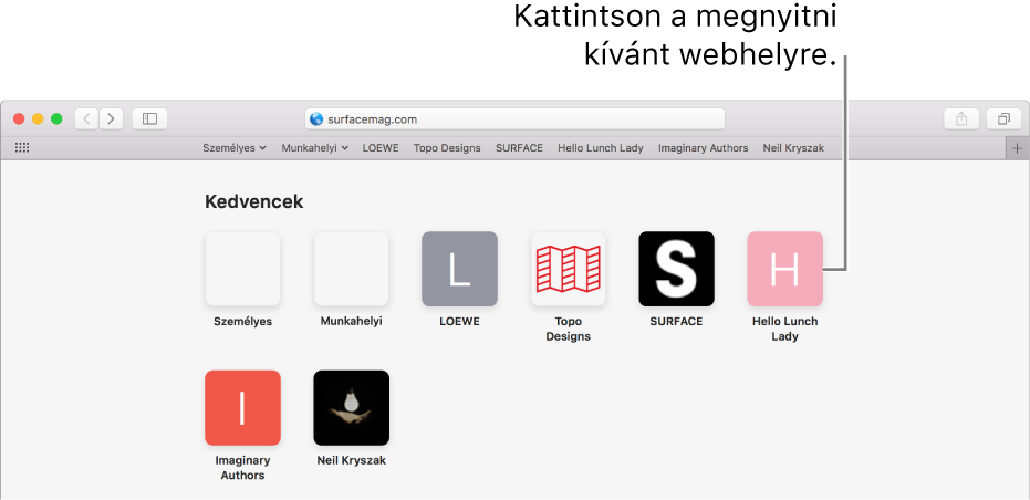 A Safari cím- és keresési mezője, alatta a kedvenc webhelyek ikonjaival.