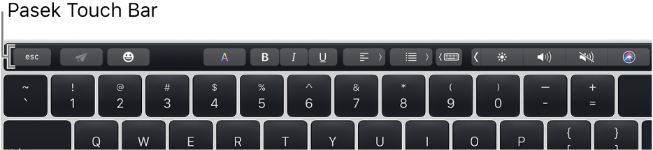 Klawiatura z paskiem Touch Bar wzdłuż górnej krawędzi; Touch ID znajduje się na prawym końcu paska Touch Bar.