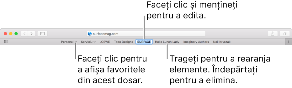 Bara Preferate cu un dosar de favorite. Pentru a edita un semne de carte sau un dosar în bară, faceți clic și mențineți apăsat pe acestea. Pentru a rearanja articolele în bară, trageți-le. Pentru a elimina un articol, trageți-l departe de bară.