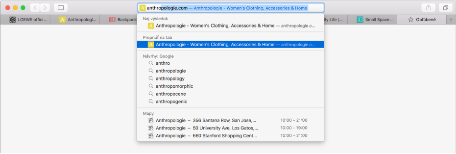 Okno v Safari s prvou časťou adresy webovej stránky zadanou v dynamickom vyhľadávacom poli. Rovnaká stránka sa zobrazuje vo výsledkoch pod možnosťou Prepnúť na tab, pretože daná stránke je už otvorená na inom tabe.