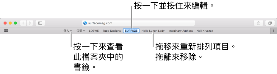 「喜好項目」列包含書籤檔案夾。若要編輯喜好項目列中的書籤或檔案夾，請按住它。若要重新排列喜好項目列中的項目，請拖移它們。若要移除項目，請將其從喜好項目列中拖出。