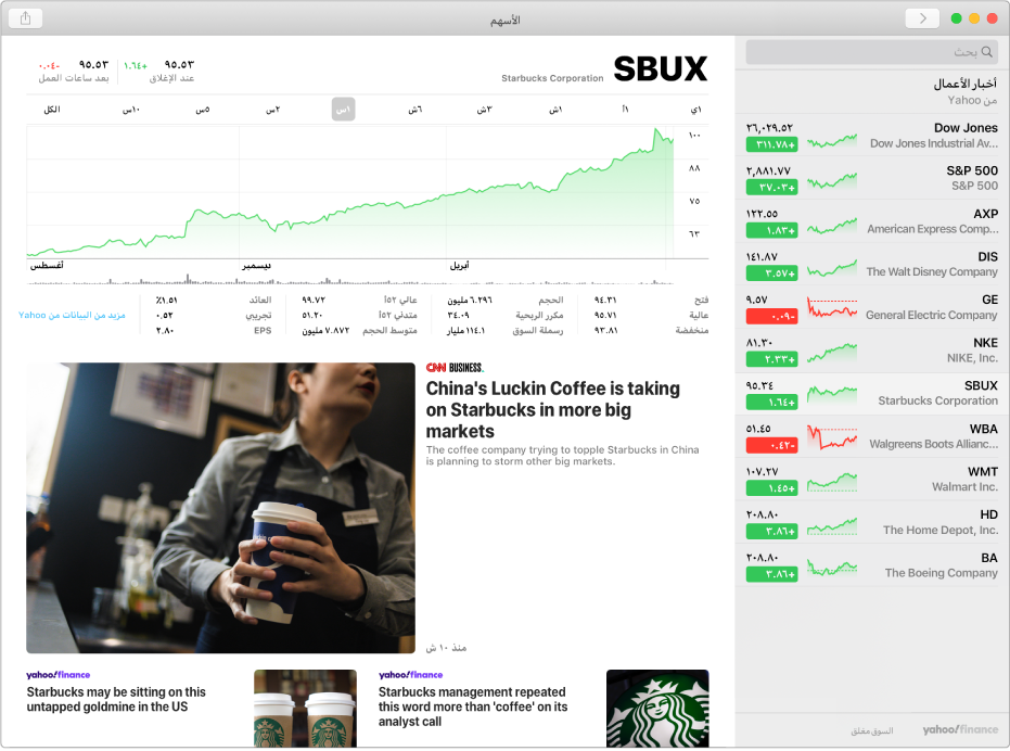 نافذة أسهم تعرض قائمة المراقبة على اليمين مع رمز مؤشر واحد محدد، والمخطط المقابل وموجز الأخبار في الجزء الأيسر.