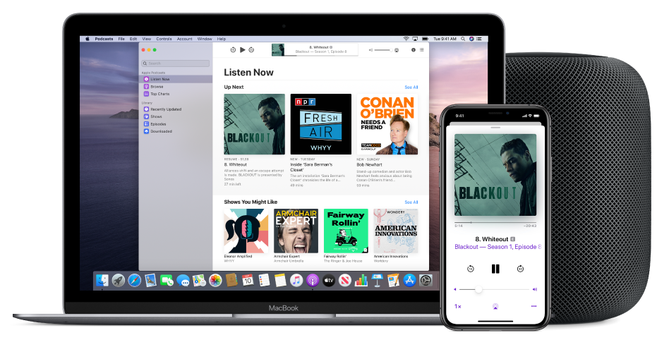 The Apple Podcasts window showing the Listen Now screen on a Mac and iPhone, with a HomePod in the background.