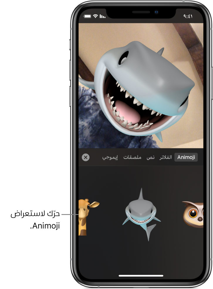 صورة فيديو في العارض، مع تحديد Animoji، وتظهر شخصيات Animoji في الأسفل.