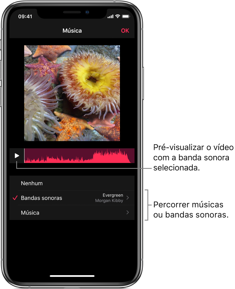 O botão Reproduzir e uma onda sonora por baixo de uma imagem no editor de vídeo, com opções para percorrer bandas sonoras ou a biblioteca de música.