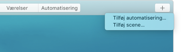 I øverste højre hjørne på hjemmeskærmen vises Tilføj automatisering og Tilføj scene fra menuen Tilføj.