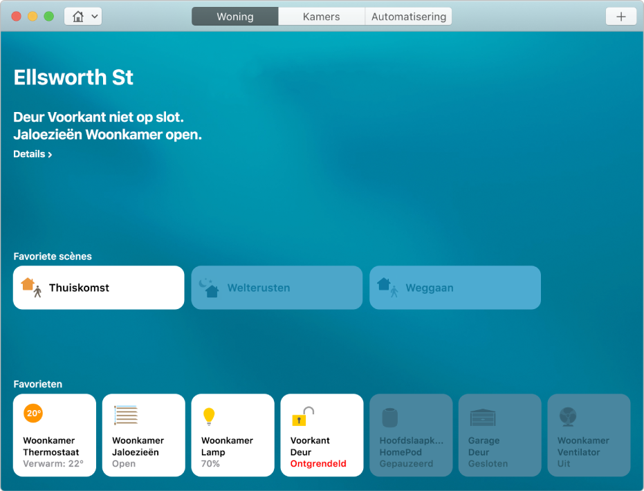 Het scherm 'Woning' met de favoriete scène 'Ik ben thuis' en een aantal favoriete accessoires.