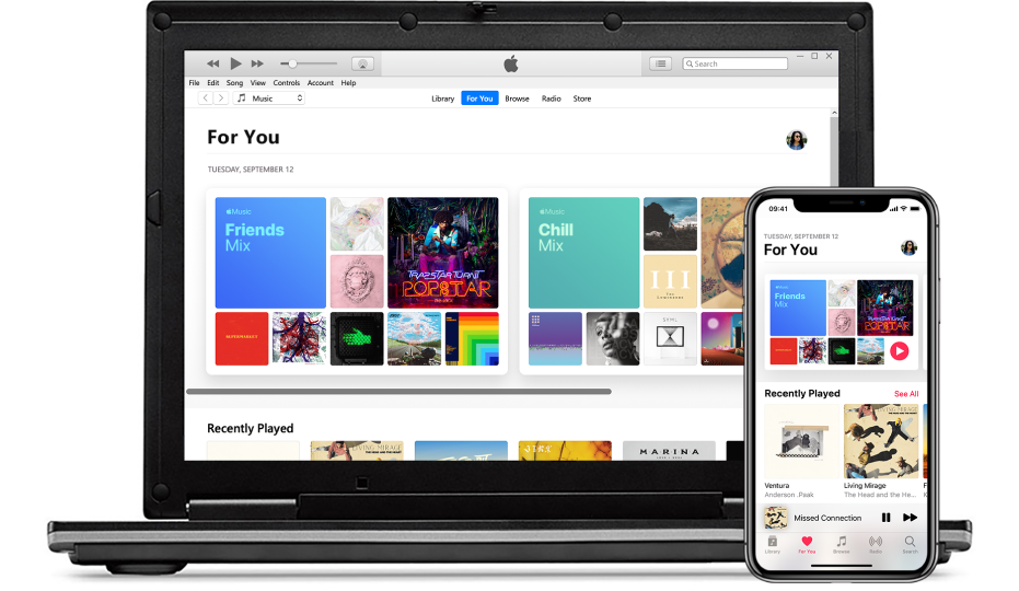 A PC and an iPhone with Apple Music For You.