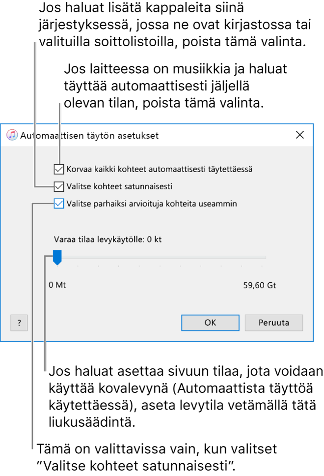 Automaattisen täytön asetukset -valintaikkuna, jossa näkyy neljä vaihtoehtoa ylhäältä alas. Jos sinulla on laitteessasi musiikkia ja haluat käyttää Automaattista täyttöä jäljellä olevan tilan täyttämiseen, poista valinta kohdasta ”Korvaa kaikki kohteet automaattisessa täytössä”. Jos haluat lisätä kappaleita kirjastosi tai valitun soittolistan mukaisessa järjestyksessä, poista valinta kohdasta ”Valitse kohteet satunnaisesti”. Seuraava vaihtoehto ”Valitse paremmaksi arvioituja kohteita useammin” on käytettävissä vain jos ”Valitse kohteet satunnaisesti” -kohta on valittuna. Jos haluat jättää tilaa kovalevykäyttöä varten, määritä levytila liukusäätimellä.