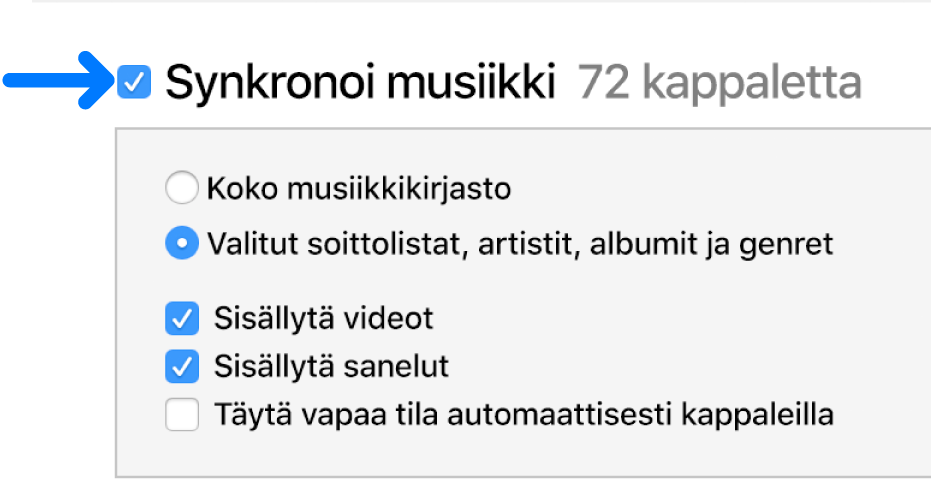 Vasemmalla ylhäällä valittuna oleva Synkronoi Musiikki, jossa vaihtoehtoina koko kirjaston tai valittujen kohteiden synkronointi.