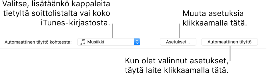Automaattisen täytön asetukset Musiikki-osion alaosassa. Vasemmassa laidassa on Automaattinen täyttö kohteesta -ponnahdusvalikko, josta voit valita, haluatko lisätä kappaleita soittolistasta vai koko kirjastosta. Oikeassa laidassa on kaksi painiketta: Asetukset Automaattisen täytön asetusten muuttamiseen ja Automaattinen täyttö. Kun klikkaat Automaattinen täyttö, laite täytetään kriteereihin sopivilla kappaleilla.