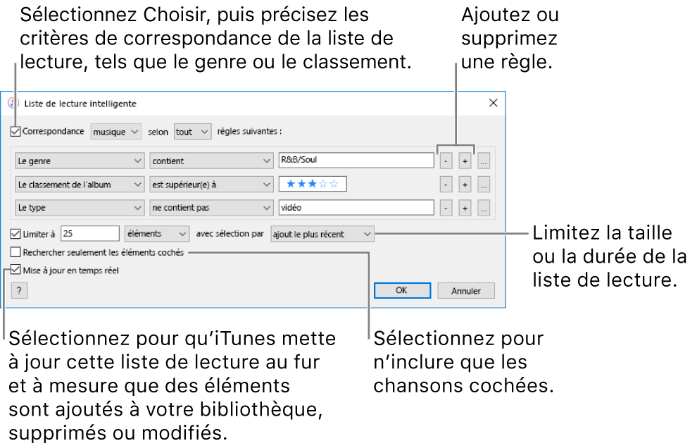 La fenêtre Liste de diffusion intelligente : Dans le coin supérieur gauche, sélectionnez Match, puis indiquez le critère de la liste de diffusion (comme Genre ou Classement). Continuez d’ajouter ou de supprimer des règles en cliquant sur les boutons Ajouter ou Supprimer dans le coin supérieur droit. Sélectionnez différentes options dans la partie inférieure de la fenêtre, comme la limitation de la taille ou de la durée d’une liste de diffusion, l’utilisation exclusive des éléments cochés ou la mise à jour de la liste de lecture par iTunes lorsque votre bibliothèque est modifiée.