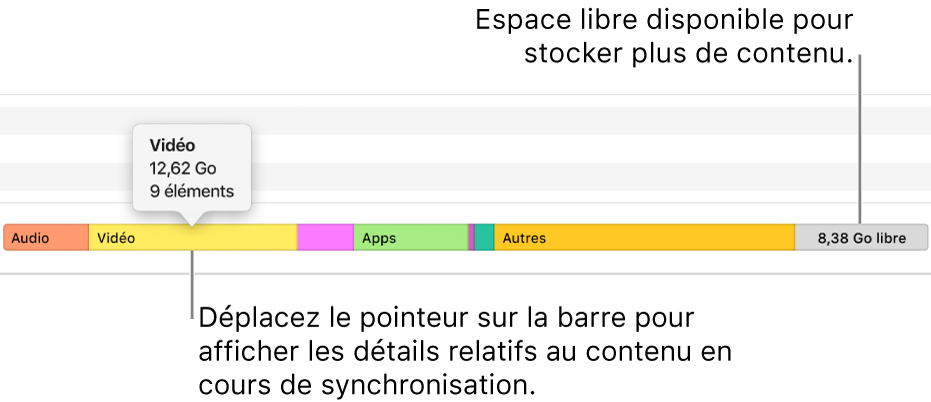 Placez le pointeur sur la barre en bas de la fenêtre pour afficher des informations détaillées sur le contenu que vous synchronisez, ainsi que l’espace restant pour l’ajout de contenu.