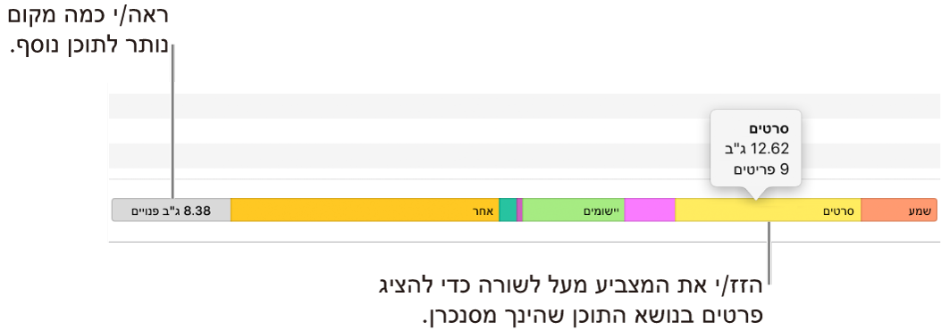 הזז את המצביע מעל לסרגל בתחתית החלון כדי להציג פרטים לגבי התוכן שאתה מסנכרן ולראות כמה מקום יישאר לתוכן נוסף.