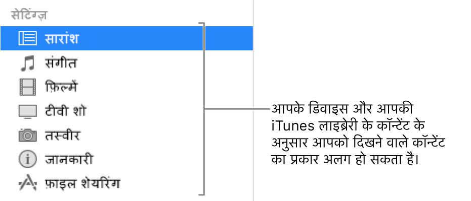 बाईं ओर साइडबार में समरी चुना जाता है। आपके डिवाइस और आपकी iTunes लाइब्रेरी के कॉन्टेंट के आधार पर दिखाई पड़ने वाले कॉन्टेंट के प्रकार भिन्न-भिन्न हो सकते हैं।
