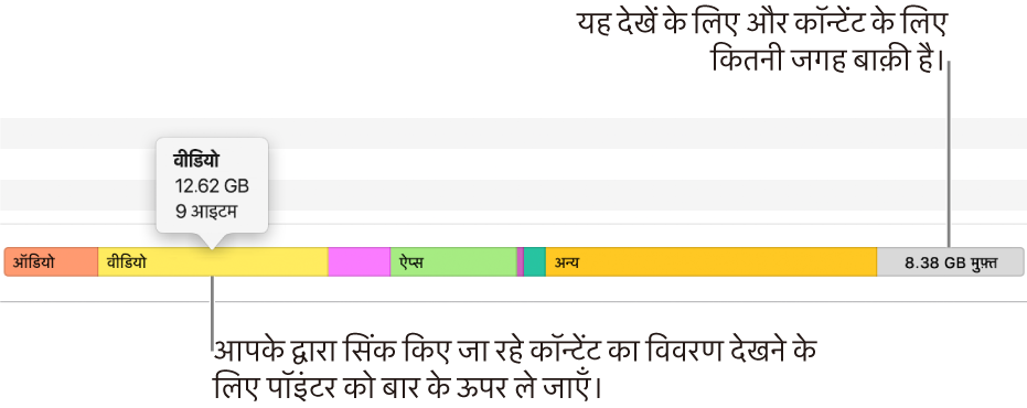 विंडो के नीचे स्थित बार पर पॉइंटर ले जाएँ और उस कॉन्टेंट के बारे में विस्तृत विवरण देखें जिसे आप सिंक कर रहे हैं और यह भी देखें आगे और कंटेट शामिल करने के लिए कितना स्पेस बच रहा है।