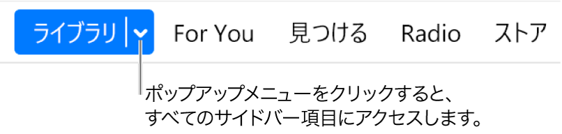 ナビゲーションバーにある「ライブラリ」ボタン。ポップアップメニューが表示されています。クリックすると、サイドバーを非表示にしているときにサイドバーのすべての項目にアクセスできます。