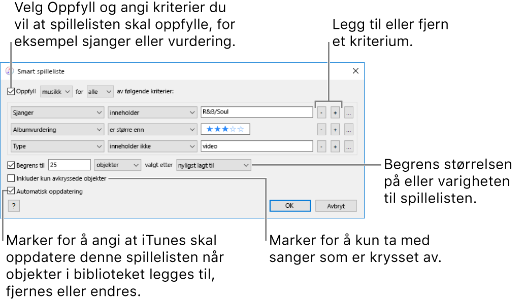 Smart spilleliste-vinduet: Marker «Oppfyll» oppe i venstre hjørne, og angi deretter spillelistekriterier (for eksempel sjanger eller vurdering). Fortsett med å legge til eller fjerne regler ved å klikke på Legg til- eller Fjern-knappene oppe til høyre. Marker de ulike valgene i den nedre delen av vinduet. Du kan for eksempel begrense størrelsen eller varigheten på spillelisten, inkludere kun sanger som er krysset av, eller la iTunes oppdatere spillelisten etter hvert som innholdet i biblioteket endres.
