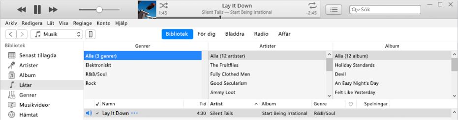 Huvudfönstret i iTunes: Kolumnbläddraren visas till höger om sidofältet och ovanför låtlistan.