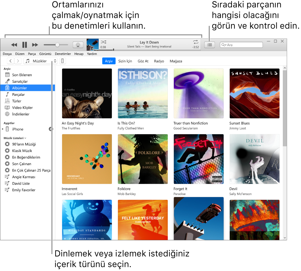 iTunes Arşivi ana penceresi: Gezginde çalınacak/oynatılacak ortam türünü (Müzik gibi) seçin. Ortamınızı çalmak/oynatmak için başlıktaki denetimleri, arşivinizi farklı yollardan görüntülemek için sağdaki Sıradaki açılan menüsünü kullanın.