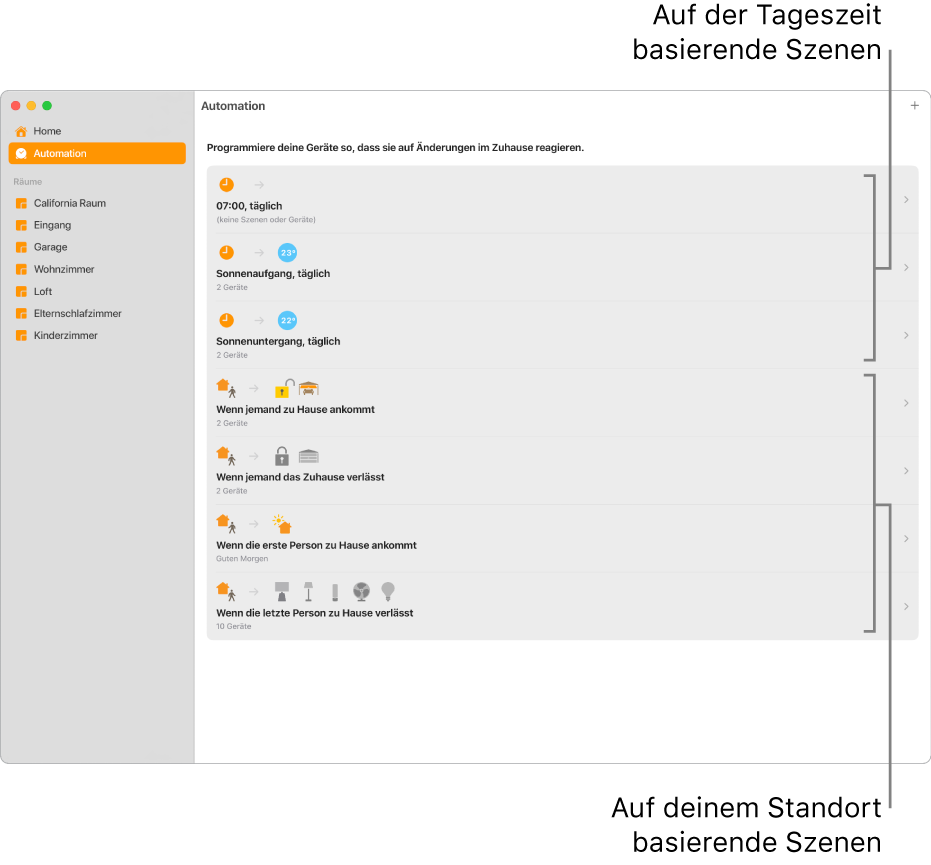 Der Bildschirm „Automation“ mit Szenen, die auf der Uhrzeit basieren, und Szenen, die auf dem Standort basieren, etwa wenn eine Person bei dir ankommt oder dein Zuhause verlässt.