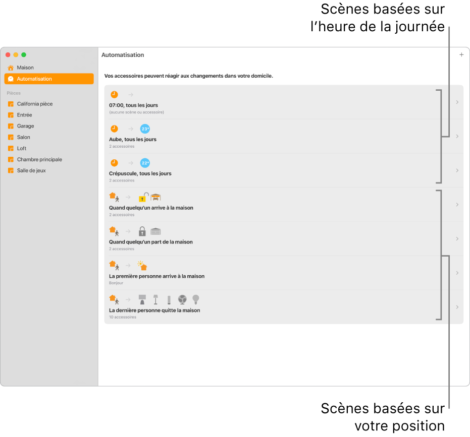 L’écran Automatisation affichant des scènes en fonction de l’heure de la journée et des scènes en fonction de la position, comme lorsque quelqu’un rentre à la maison ou la quitte.