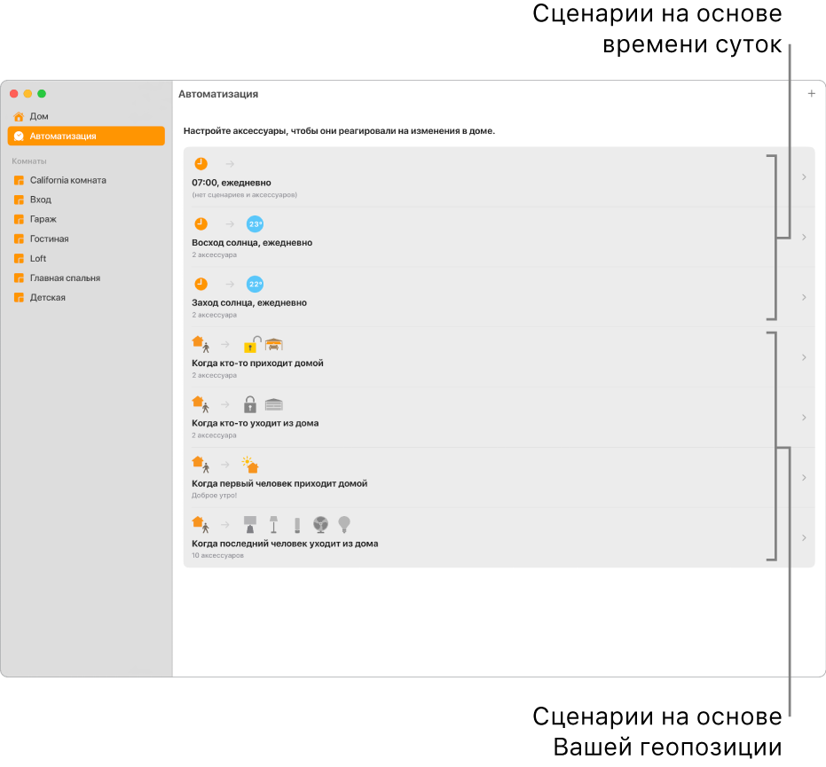 Показан экран автоматизации со сценариями на основе времени дня и сценариями на основе геопозиции, например сценариями, запускаемыми, когда кто-то приходит домой или уходит из дома.