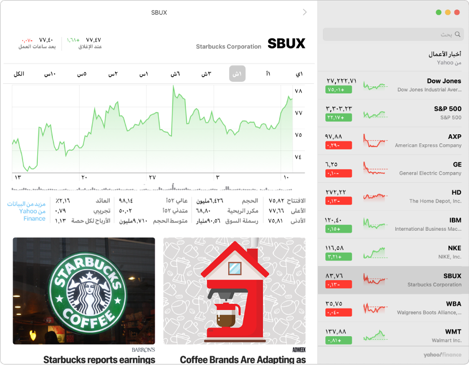 نافذة أسهم تعرض قائمة المراقبة على اليمين مع رمز مؤشر واحد محدد، والمخطط المقابل وموجز الأخبار في الجزء الأيسر.