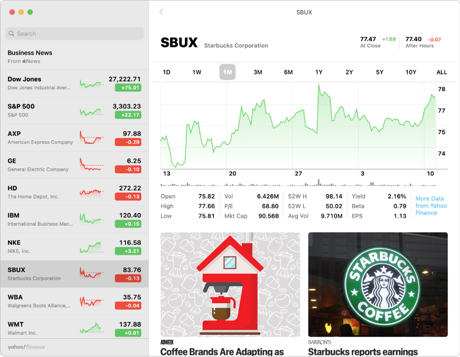 A Stocks window showing the watchlist on the left with one ticker symbol selected, and the corresponding chart and news feed in the right pane.