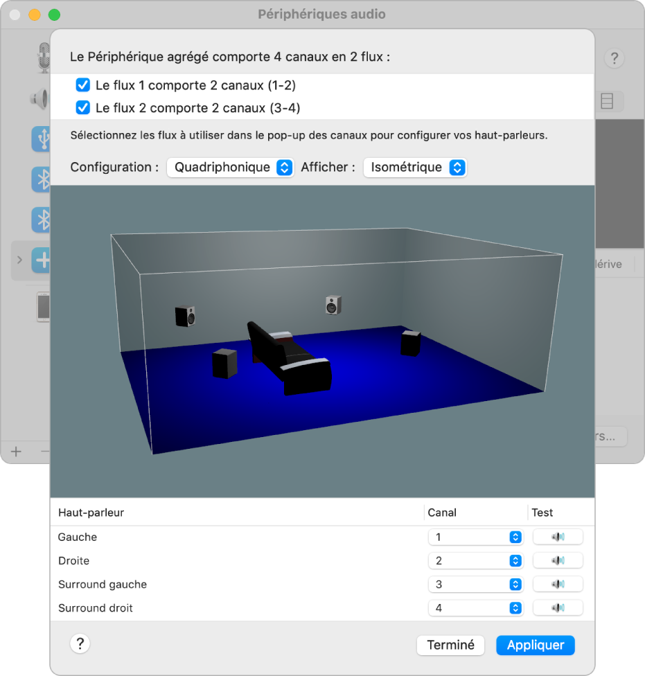 La fenêtre « Périphériques audio » affichant un périphérique agrégé dans la présentation isométrique quadriphonique. Un flux à quatre canaux est sélectionné dans la liste des flux présente en haut de la fenêtre. La présentation 3D affiche les quatre haut-parleurs positionnés dans la pièce.