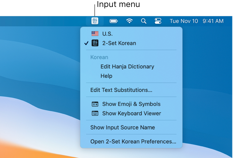 The Input menu showing 2-Set Korean selected in the list of languages. At the bottom of the menu is the Open 2-Set Korean Preferences option.