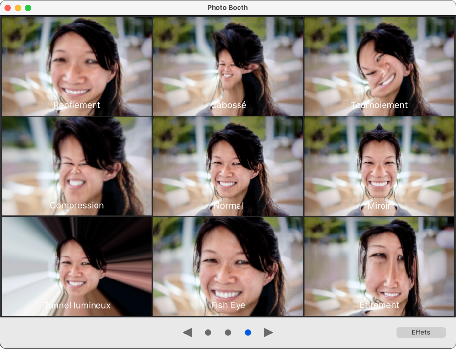 La fenêtre Photo Booth affichant des effets à choisir tels qu’Étirement, ainsi que les boutons de navigation en bas de la fenêtre. Le bouton Effets figure en bas à droite de la fenêtre.