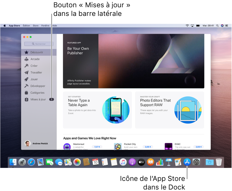 La fenêtre principale de l’App Store, avec une légende identifiant le bouton « Mises à jour » dans la barre latérale, et une autre identifiant l’icône « App Store » dans le Dock.